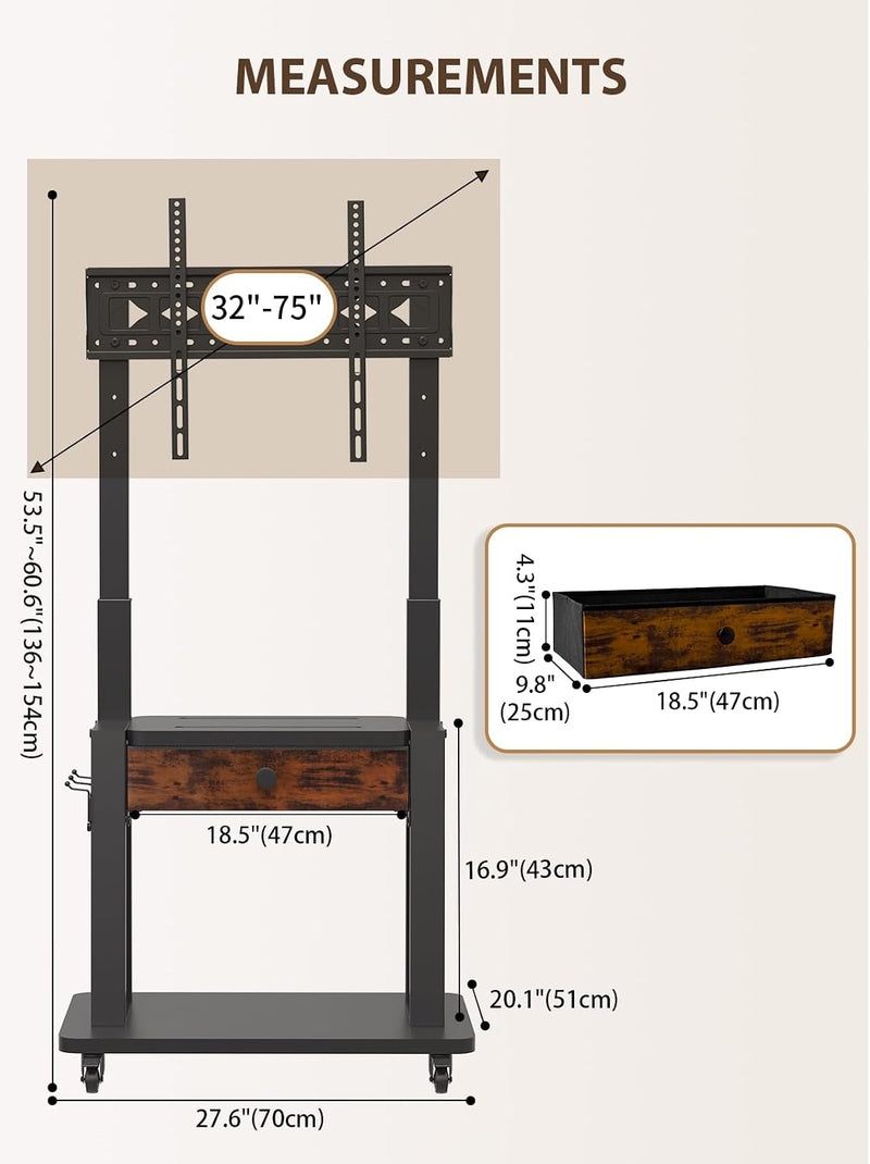 Rolling TV Stand with Fabric Drawer for 32-75