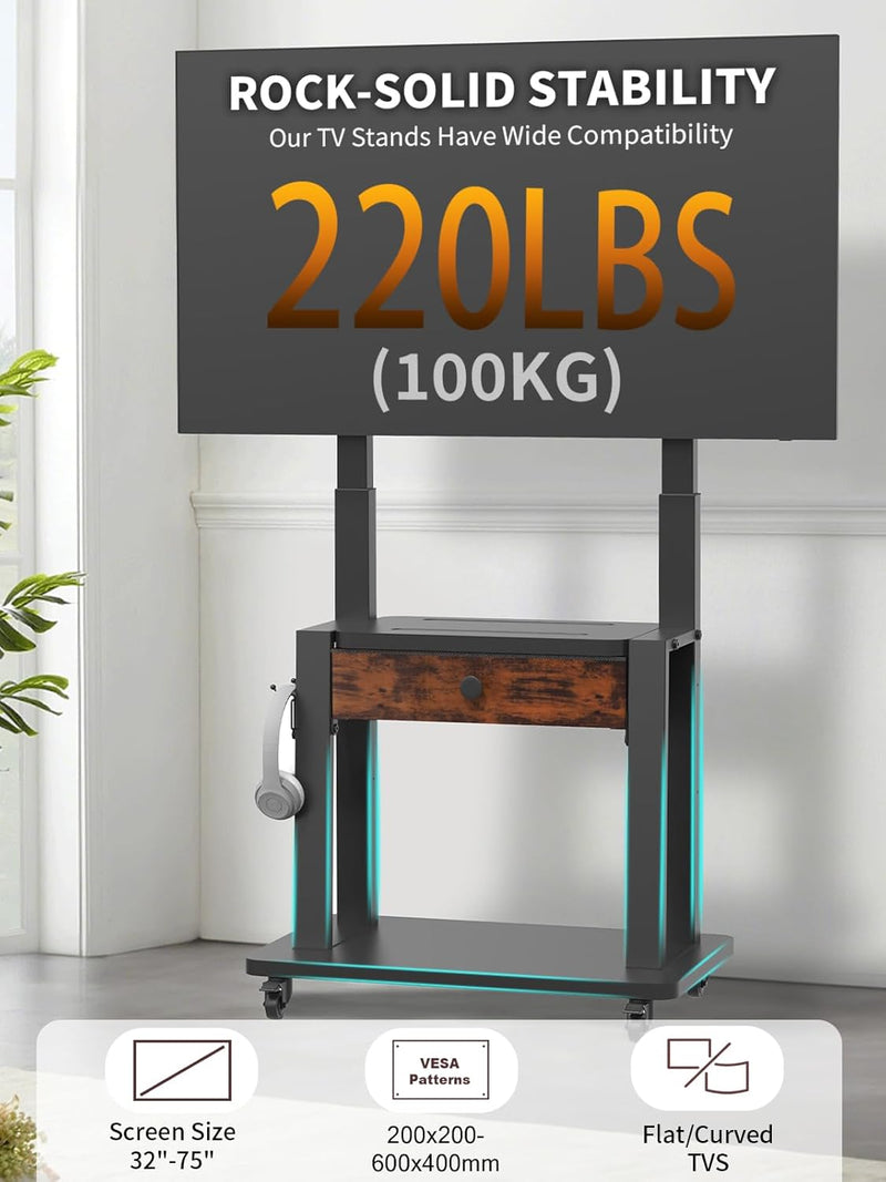 Rolling TV Stand with Fabric Drawer for 32-75