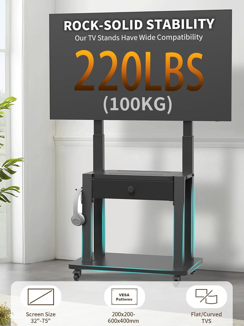 Rolling TV Stand with Fabric Drawer for 32-75