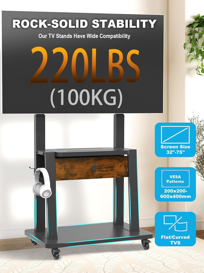 Rolling TV Stand with Power Outlet and Fabric