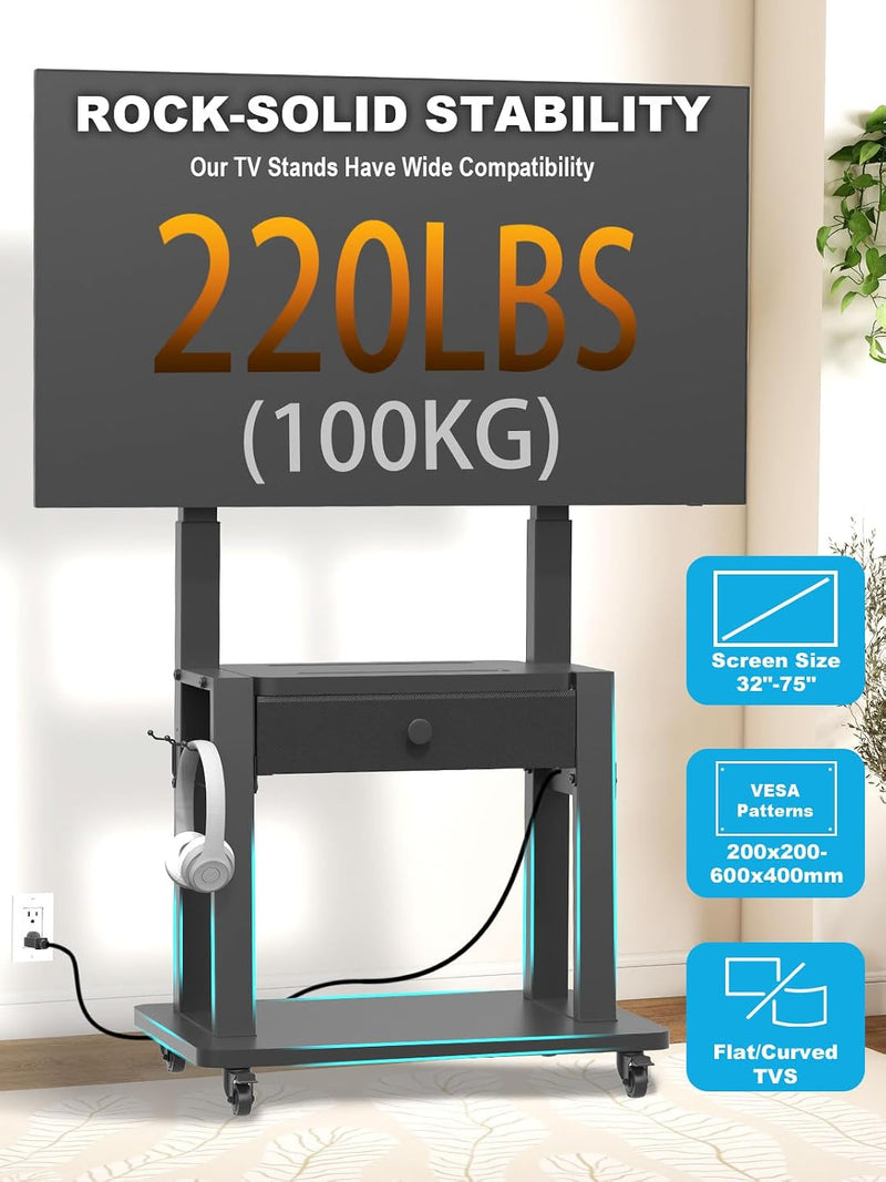 Rolling TV Stand with Power Outlet and Fabric