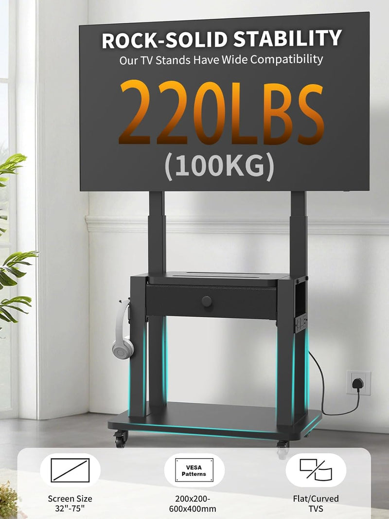Rolling TV Stand with Power Outlet for 32-75