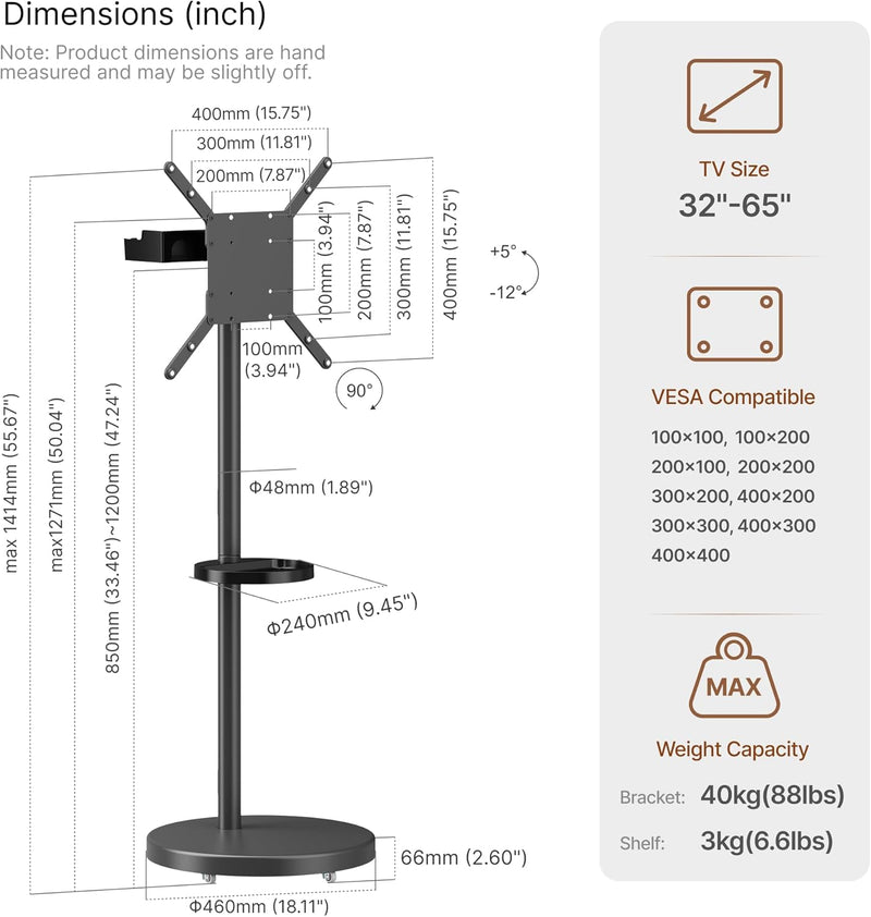 Rolling TV Stand with Wheels for 17–43 Inch