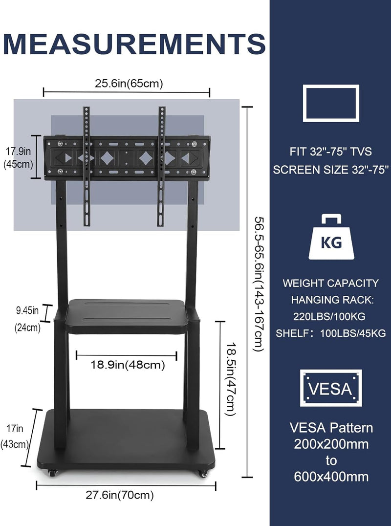 Rolling TV Stand with Wheels for 32-75 Inch
