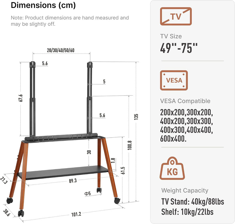 Rolling TV Stand with Wheels for 49 to
