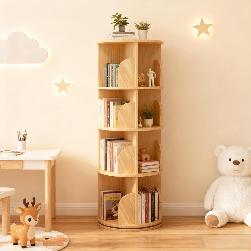 Rotating Bookcase Solid Wood Standing Shelf Floor