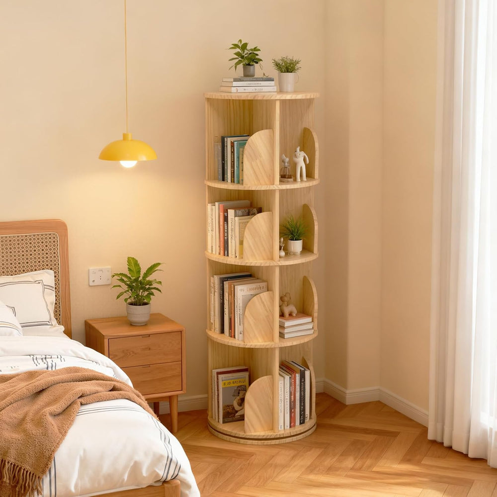 Rotating Bookcase Solid Wood Standing Shelf Floor