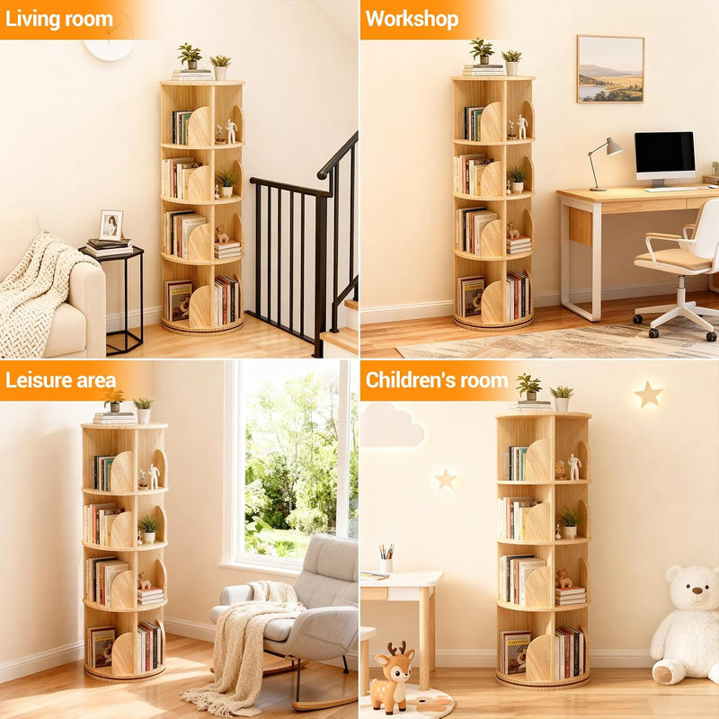 Rotating Bookcase Solid Wood Standing Shelf Floor