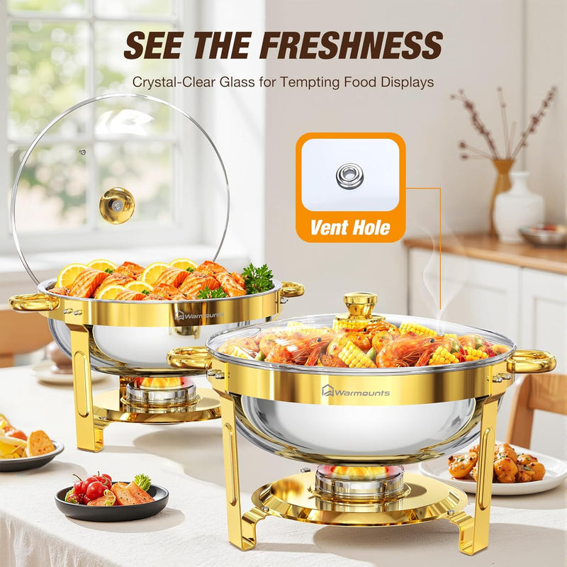 Round Chafing Dish Buffet Set with Glass Lid (4 Pack)