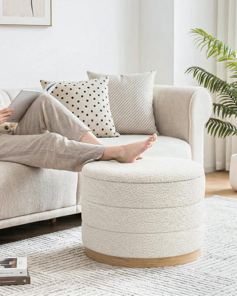 Round Chenille Storage Ottoman Coffee Table Folding Footstool