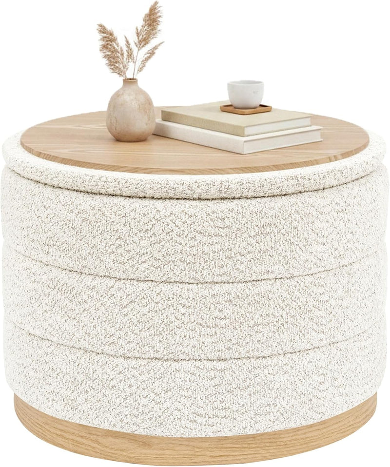 Round Chenille Storage Ottoman Coffee Table Folding Footstool
