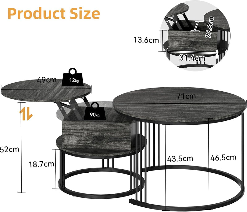 Round Coffee Table 70CM 50CM Nesting Tables Hydraulic (Set of 2)