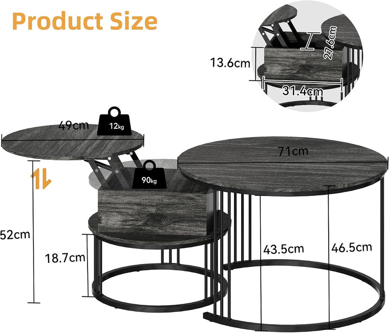 Round Coffee Table 70CM 50CM Nesting Tables Hydraulic (Set of 2)