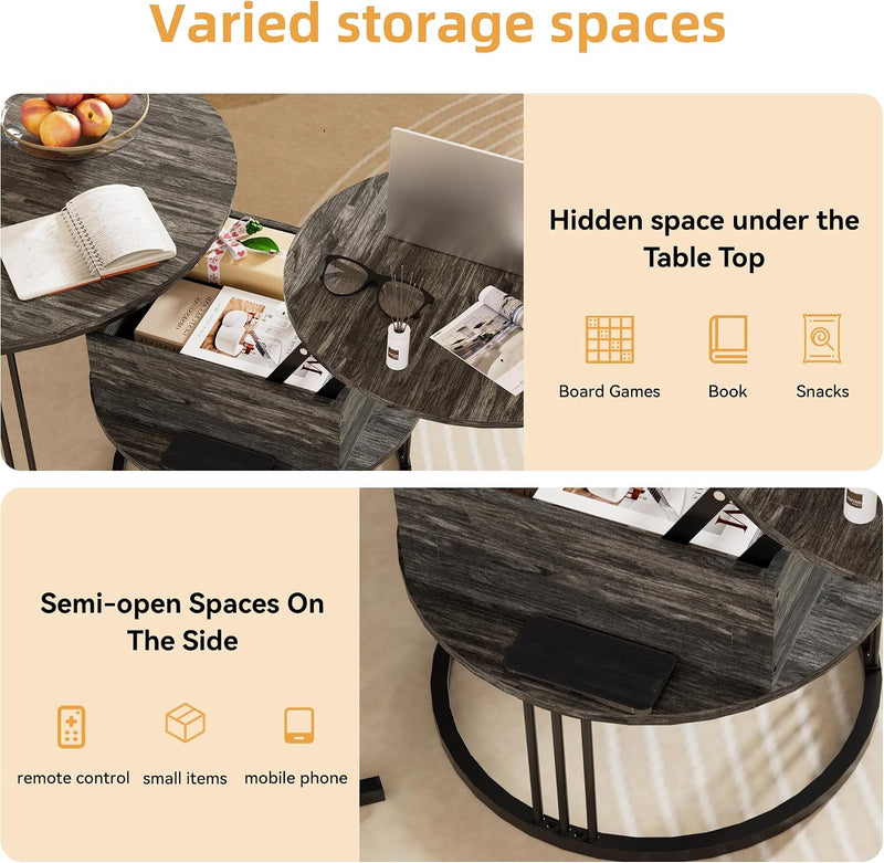 Round Coffee Table 70CM 50CM Nesting Tables Hydraulic (Set of 2)
