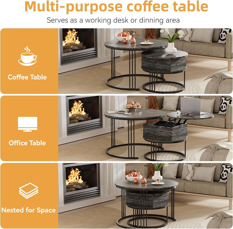 Round Coffee Table 70CM 50CM Nesting Tables Hydraulic (Set of 2)