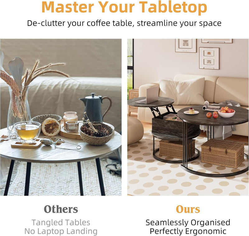 Round Coffee Table 70CM 50CM Nesting Tables Hydraulic (Set of 2)
