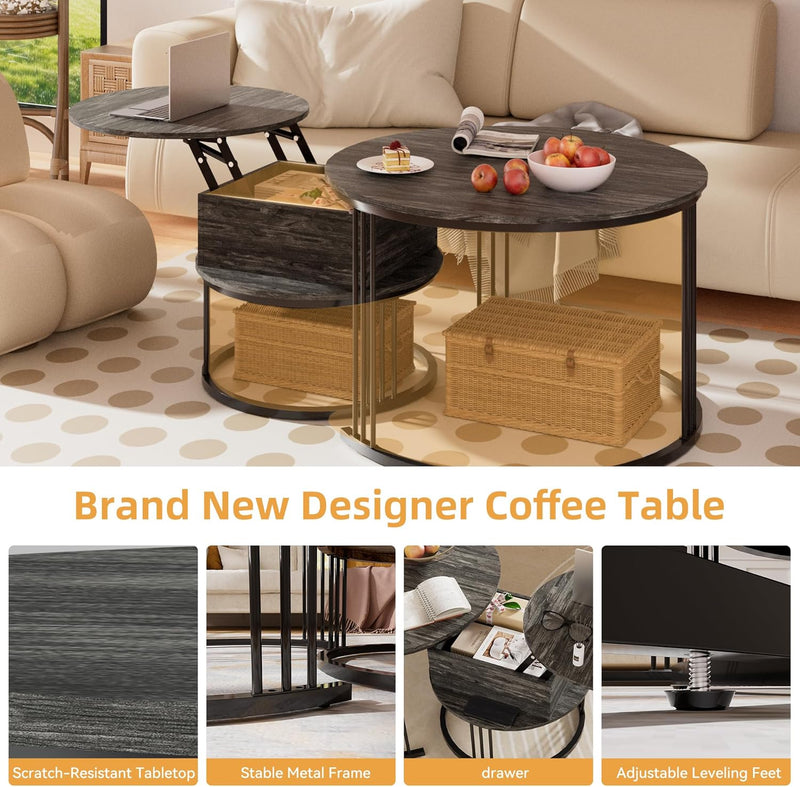 Round Coffee Table 70CM 50CM Nesting Tables Hydraulic (Set of 2)