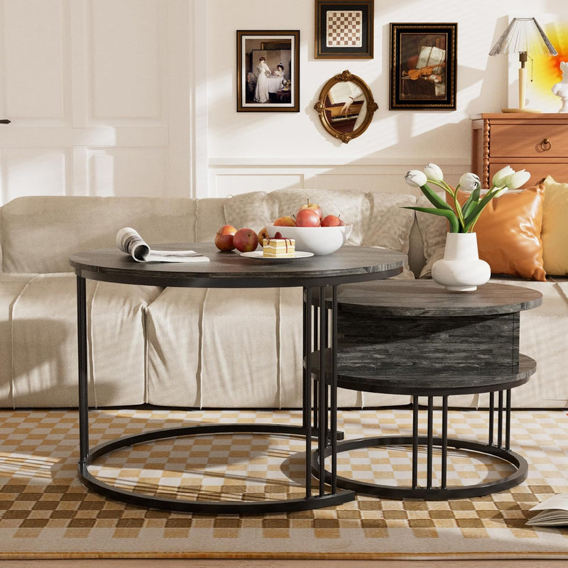 Round Coffee Table 70CM 50CM Nesting Tables Hydraulic (Set of 2)