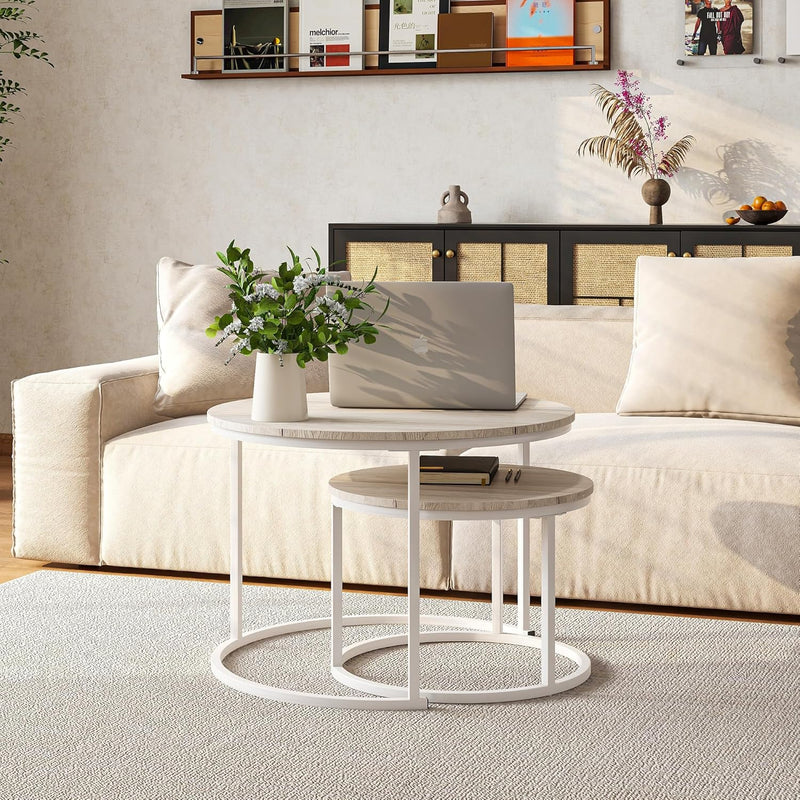 Round Coffee Table Living Room Oak Nesting Metal (Set of 2)