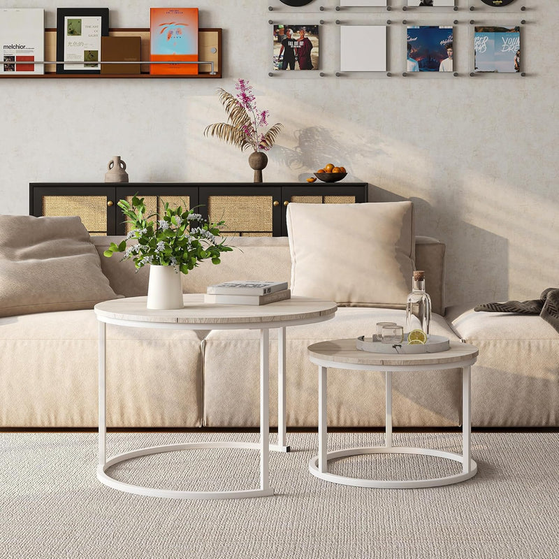 Round Coffee Table Living Room Oak Nesting Metal (Set of 2)