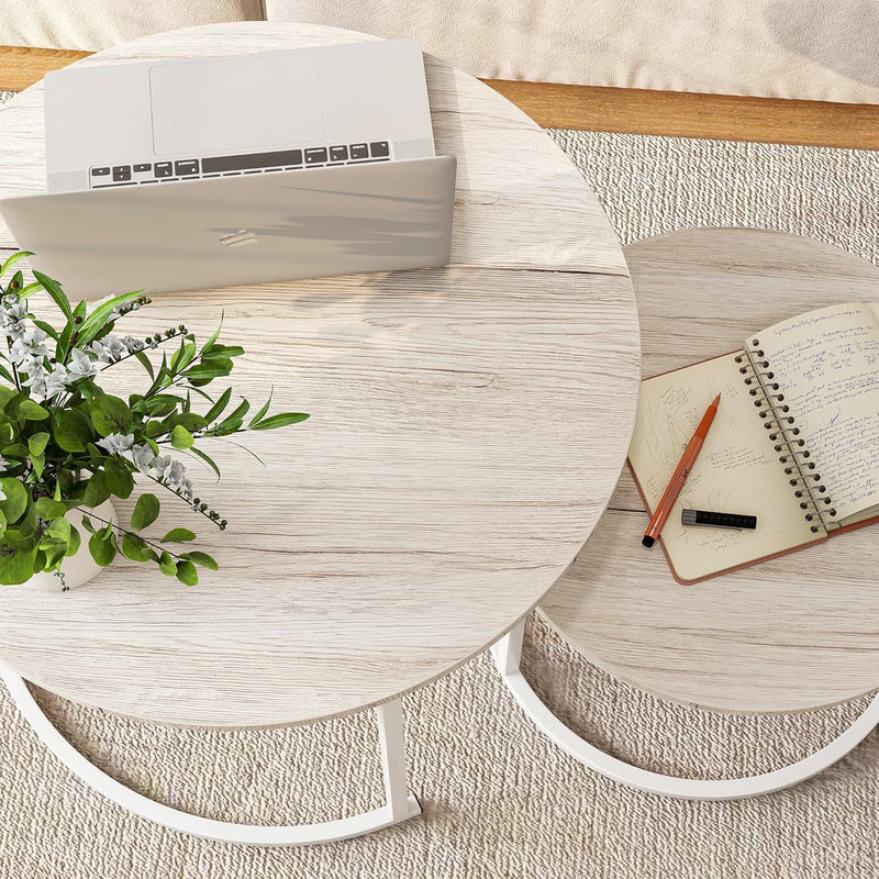 Round Coffee Table Living Room Oak Nesting Metal (Set of 2)