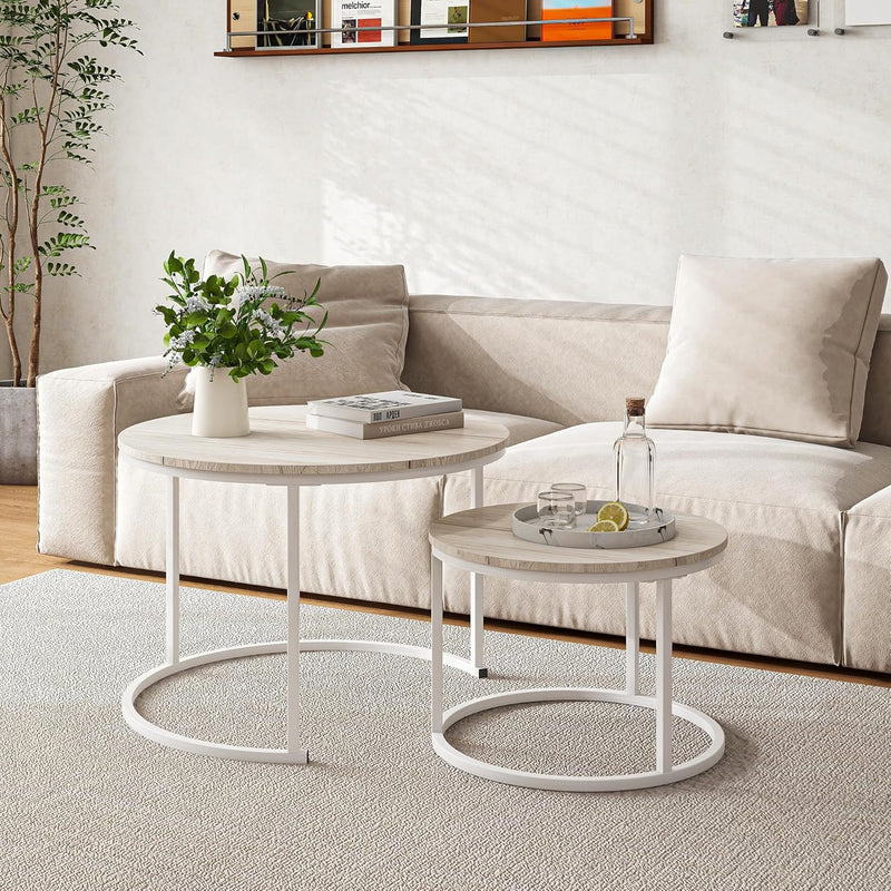 Round Coffee Table Living Room Oak Nesting Metal (Set of 2)