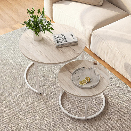 Round Coffee Table Living Room Oak Nesting Metal (Set of 2)