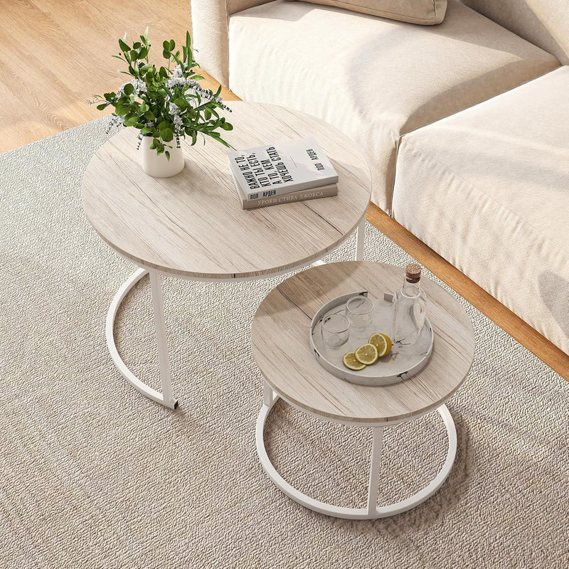 Round Coffee Table Living Room Oak Nesting Metal (Set of 2)