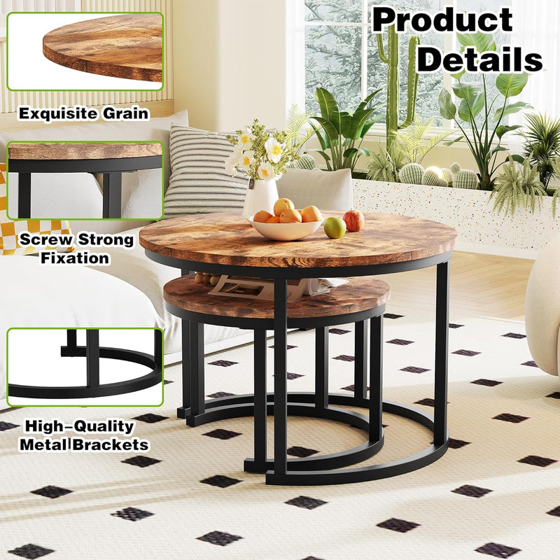 Round Coffee Table Living Room Small Side Bedside (Set of 2)