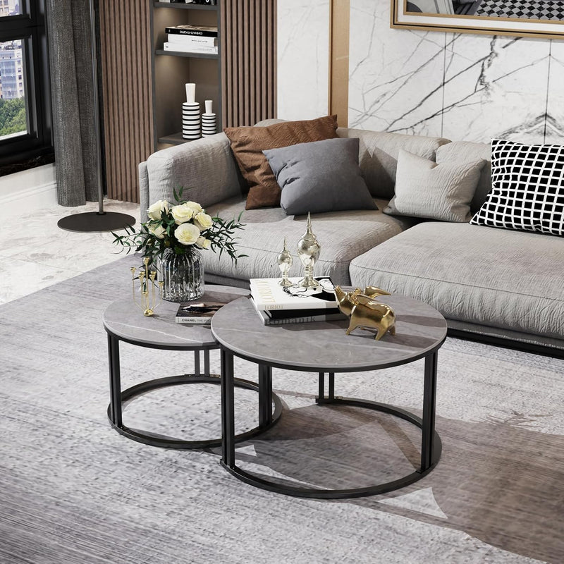 Round Coffee Table Nest Tables Nesting Marble Sintered (Set of 2)