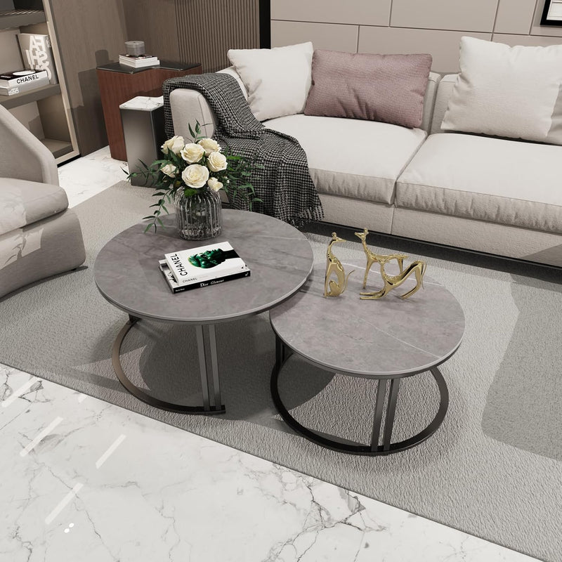 Round Coffee Table Nest Tables Nesting Marble Sintered (Set of 2)