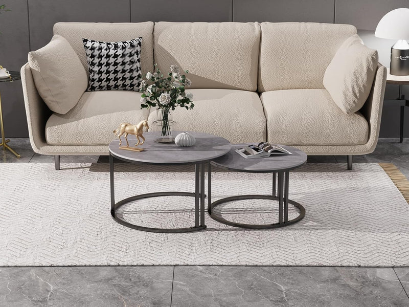 Round Coffee Table Nest Tables Nesting Marble Sintered (Set of 2)