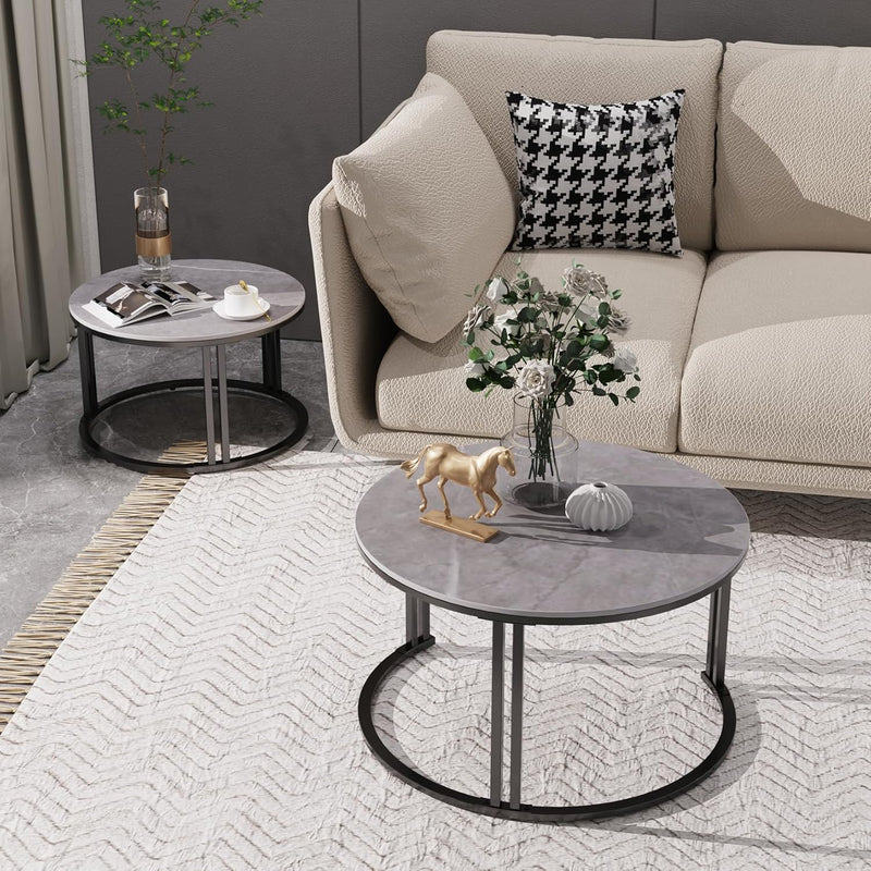 Round Coffee Table Nest Tables Nesting Marble Sintered (Set of 2)