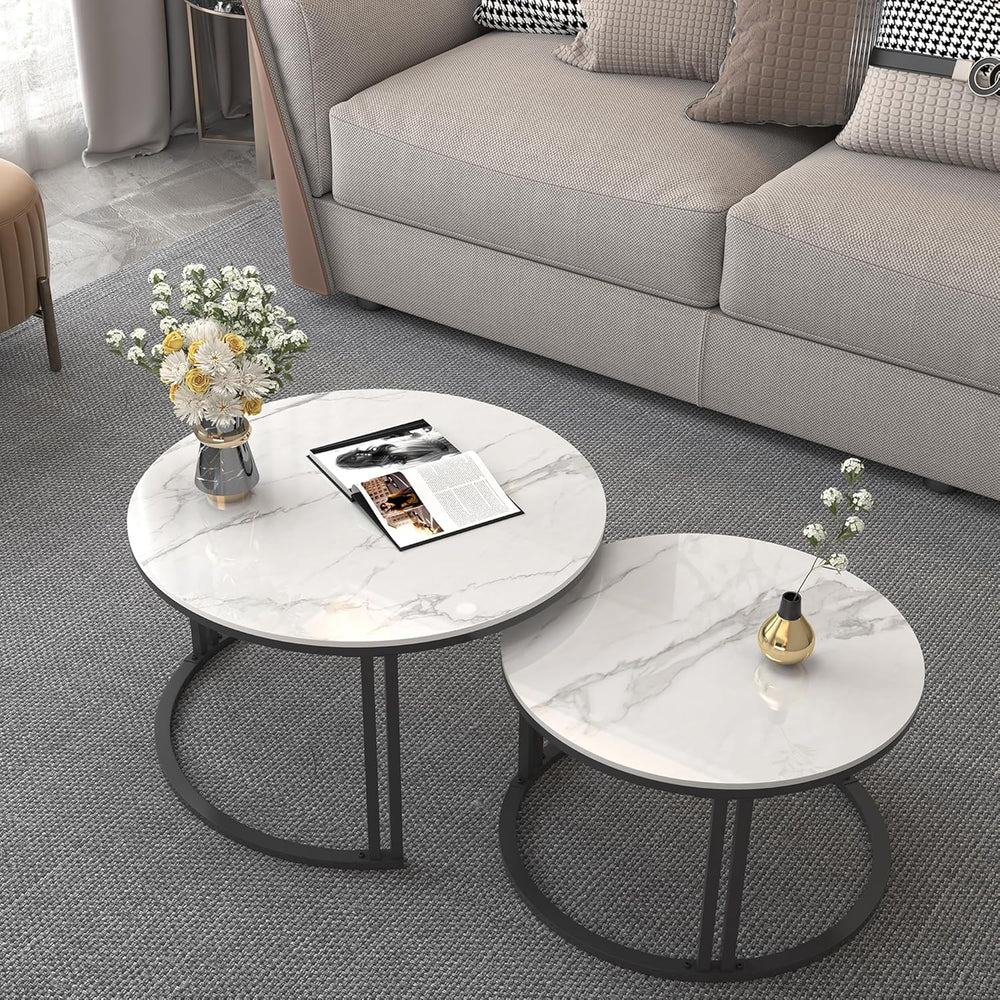 Round Coffee Table Nest Tables Nesting Marble Sintered (Set of 2)