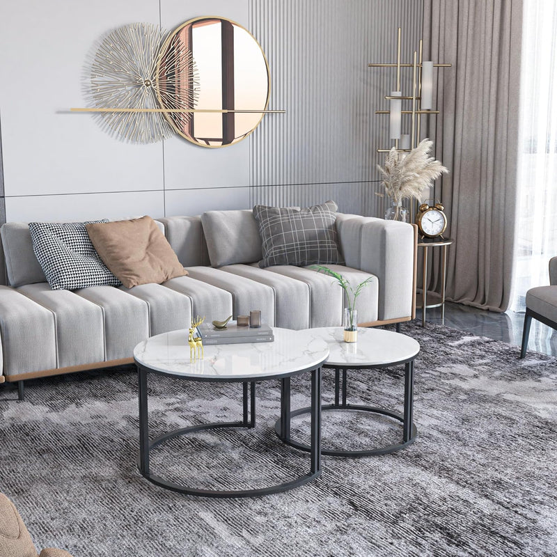 Round Coffee Table Nest Tables Nesting Marble Sintered (Set of 2)