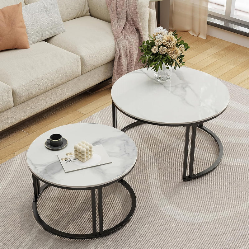 Round Coffee Table Nest Tables Nesting Marble Sintered (Set of 2)