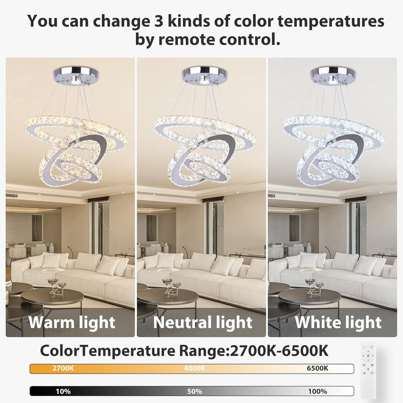 3 Ring Crystal Pendant Light Dimmable with Remote