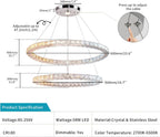 Round Crystal Pendant Light Fitting 3 Ring Dimmable