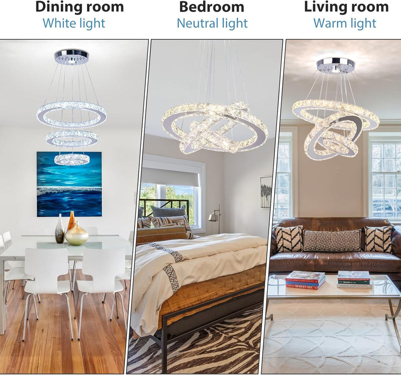 3 Ring Crystal Pendant Light Dimmable with Remote