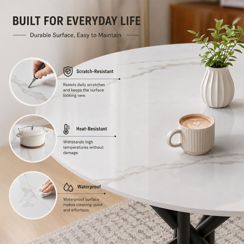 Round Dining Table with Marble-Effect Top and Metal