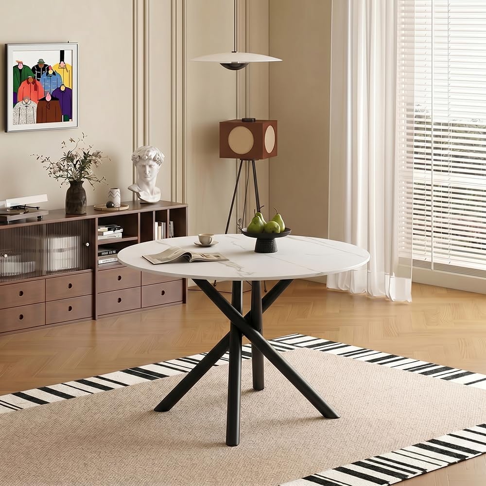 Round Dining Table with Marble-Effect Top and Metal