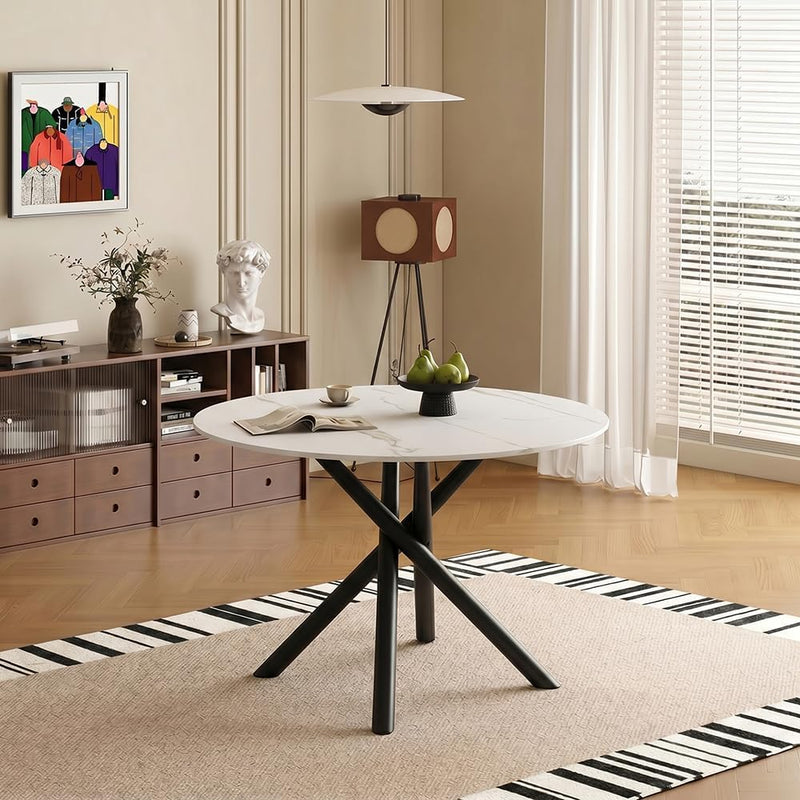 Round Dining Table with Marble-Effect Top and Metal