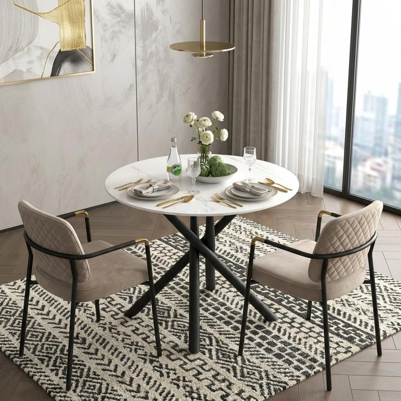 Round Dining Table with Marble-Effect Top and Metal