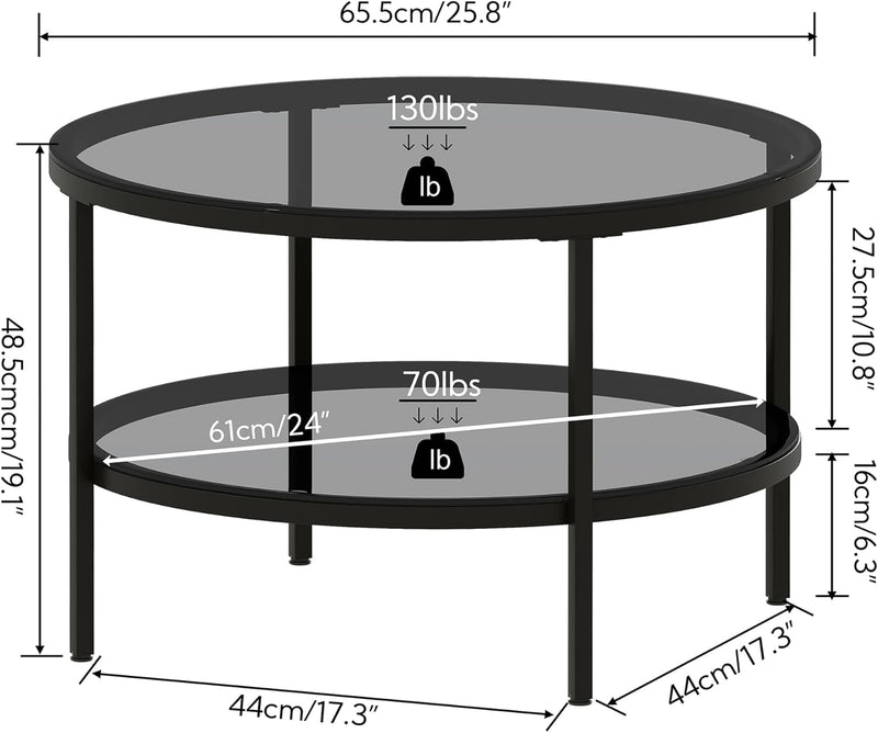 Round Glass Coffee Tables for Living Room 2-Tier