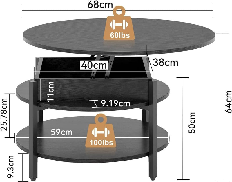 68CM Rustic Round Lift Top Coffee Table