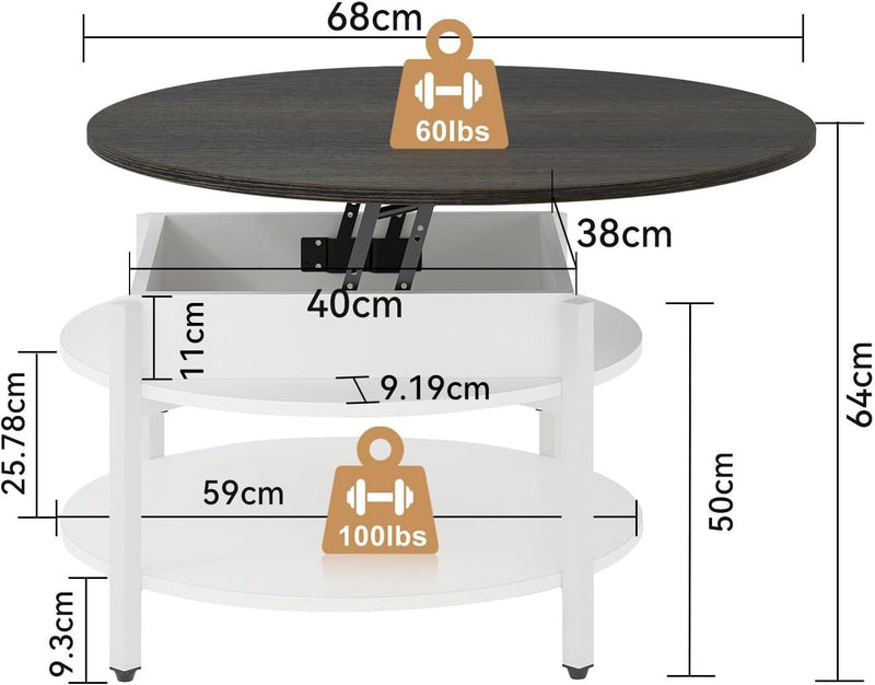 68CM Rustic Round Lift Top Coffee Table
