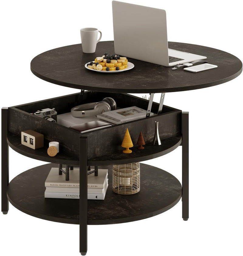 68CM Rustic Round Lift Top Coffee Table