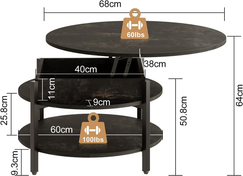 68CM Rustic Round Lift Top Coffee Table