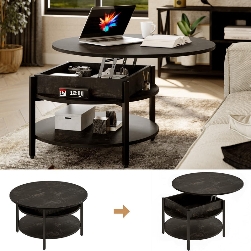 68CM Rustic Round Lift Top Coffee Table