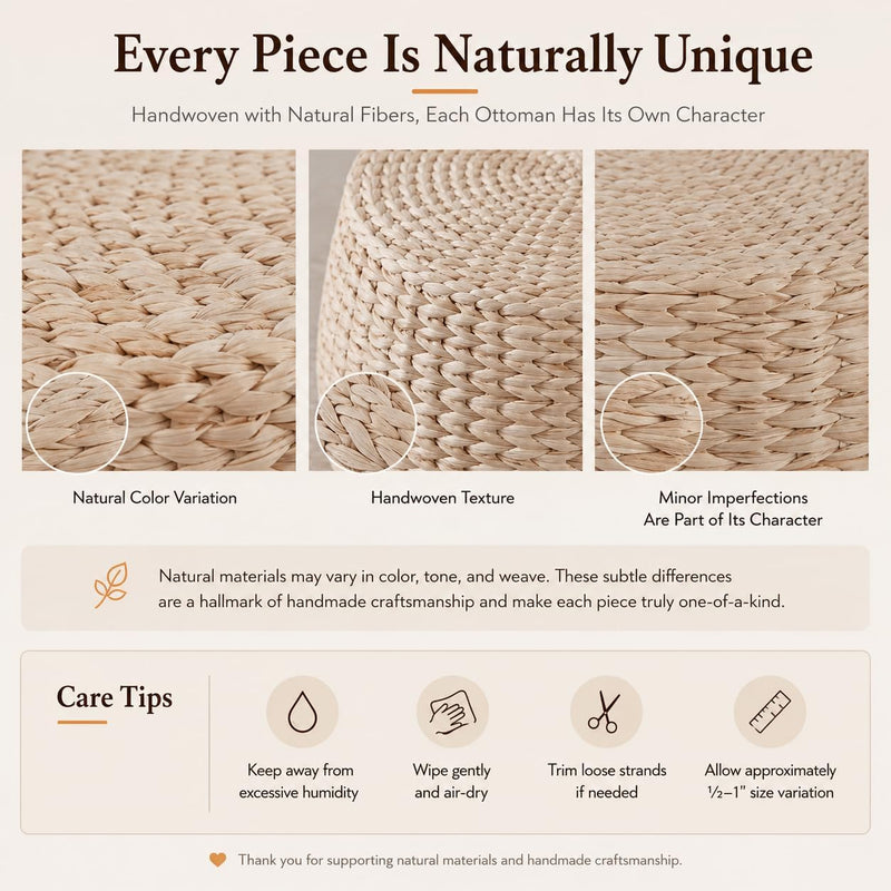 Round Natural Straw Pouf Ottoman Boho